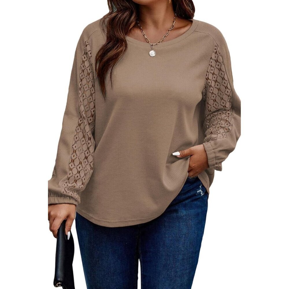 Plus Size Womens Waffle Long Sleeve T-Shirt Lace Crewneck Casual Top